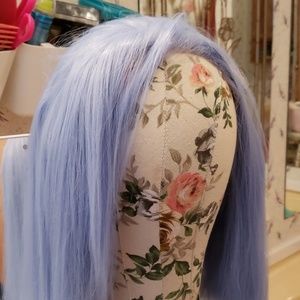 2 wigs.  blue wig synthetic and smokey quartz